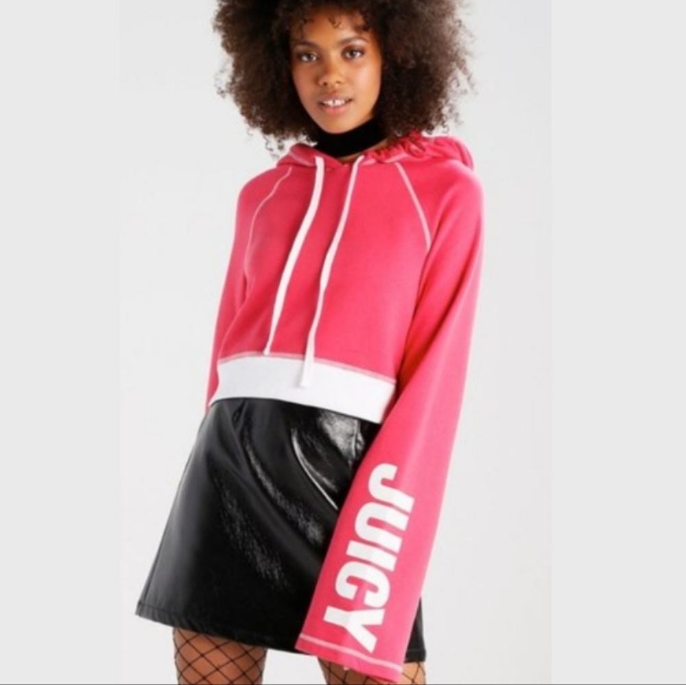 Juicy Couture Cropped Bell Sleeve Hoodie Sweatshirt Pink White Boxy Womens XS